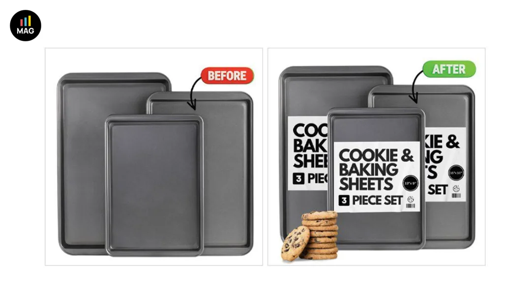 Before and after Amazon main image for baking sheets: plain product versus branded packaging wrap with cookie lifestyle prop