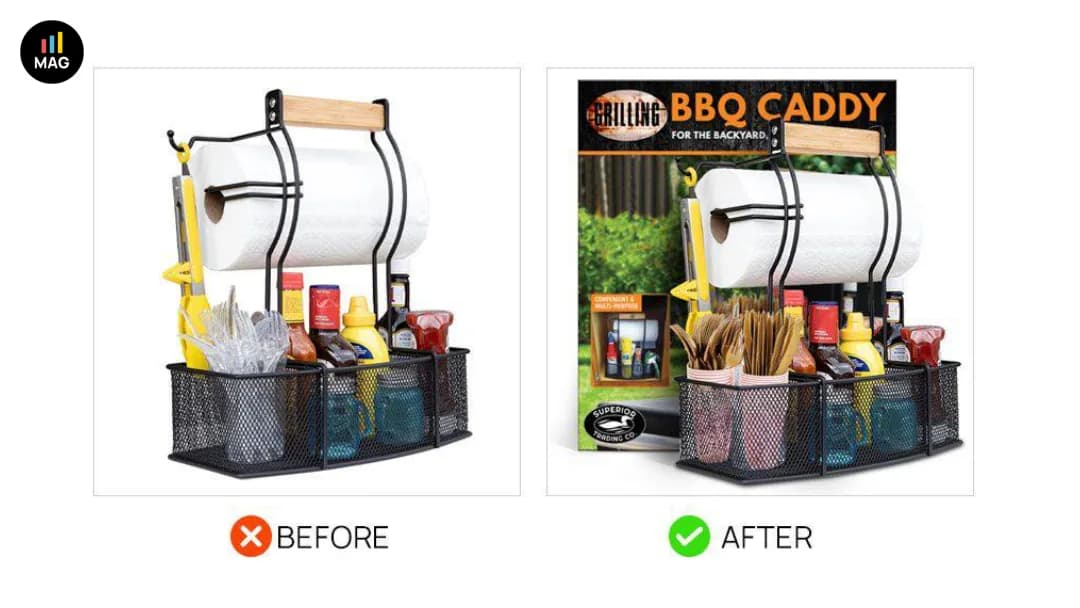 Before and after Amazon main image for BBQ caddy: plain staging versus styled utensils and packaging backdrop