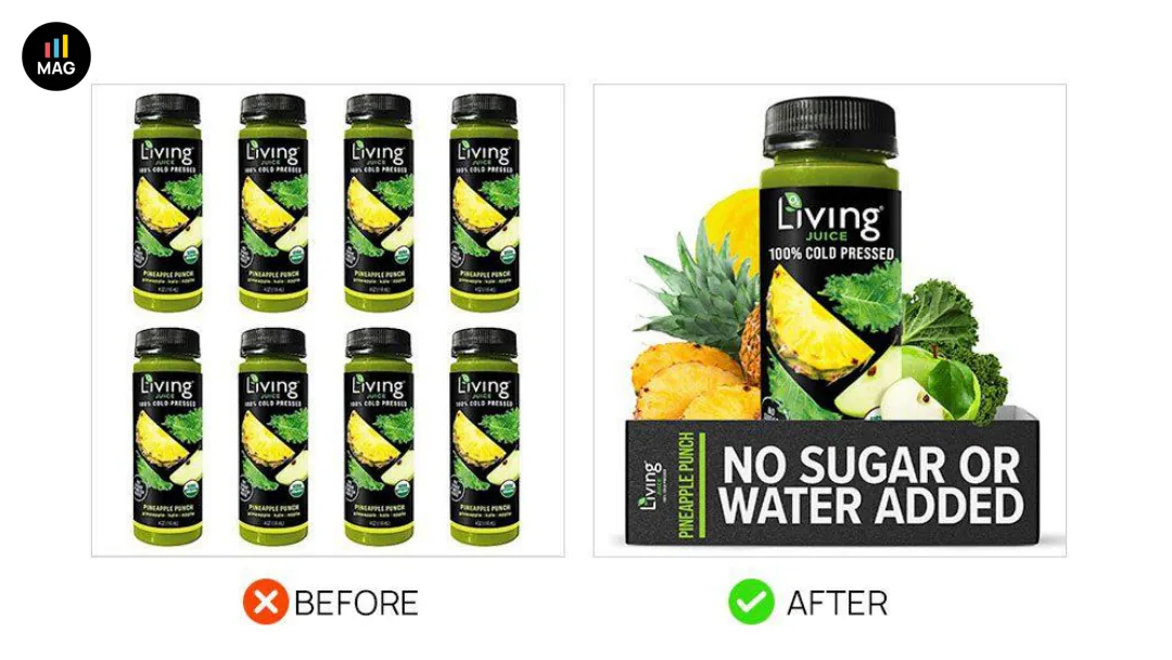Before and after Amazon main image showing product with branded retail packaging visible in frame