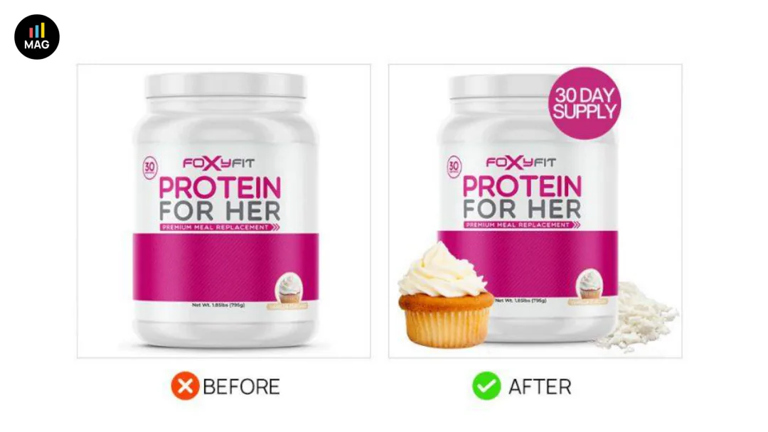 Before and after Amazon main image with compliant lifestyle props added for product context