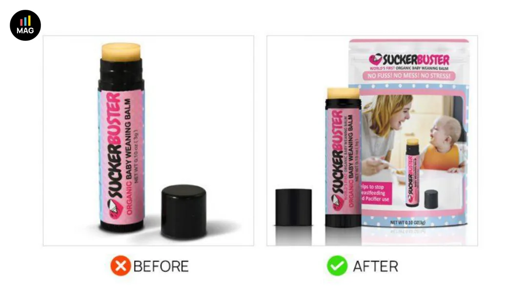 Before and after Amazon main image with improved lighting and product positioning