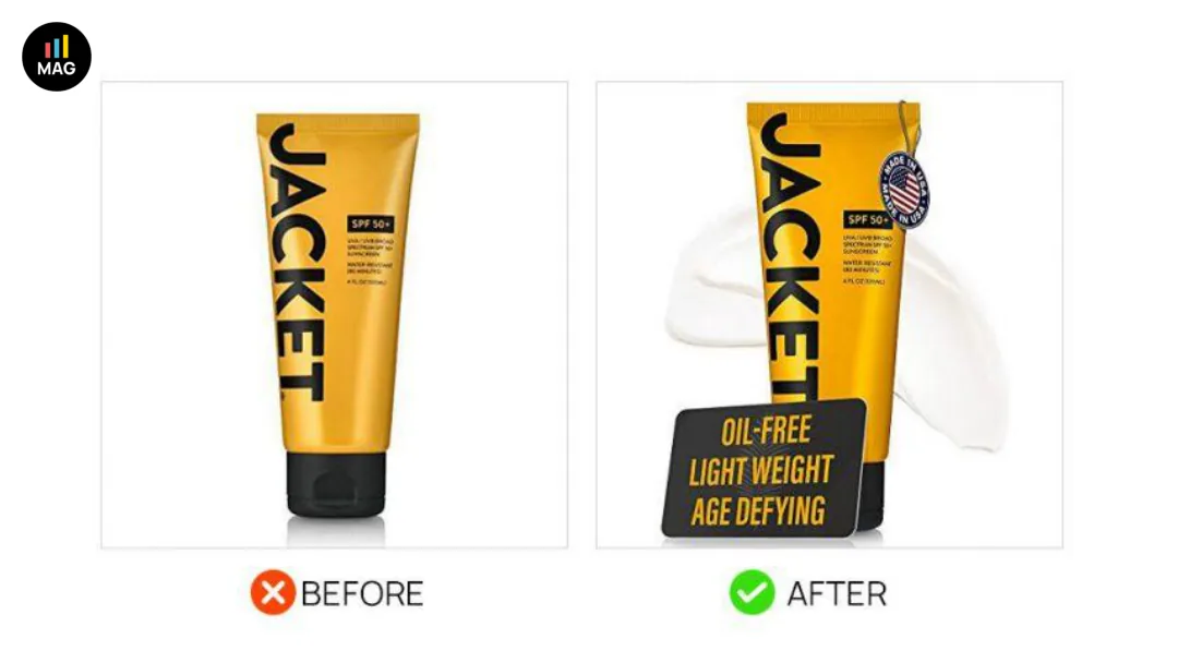 Before and after Amazon main image demonstrating compliant optimization within Amazon product image policy