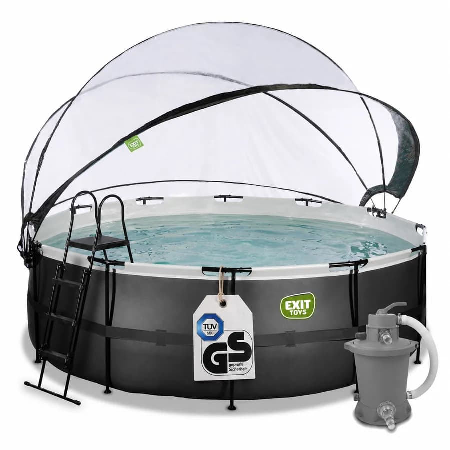 Amazon main image after: EXIT Toys pool with filter pump staged in frame, ladder, and physical GS TÜV safety certification hang tag