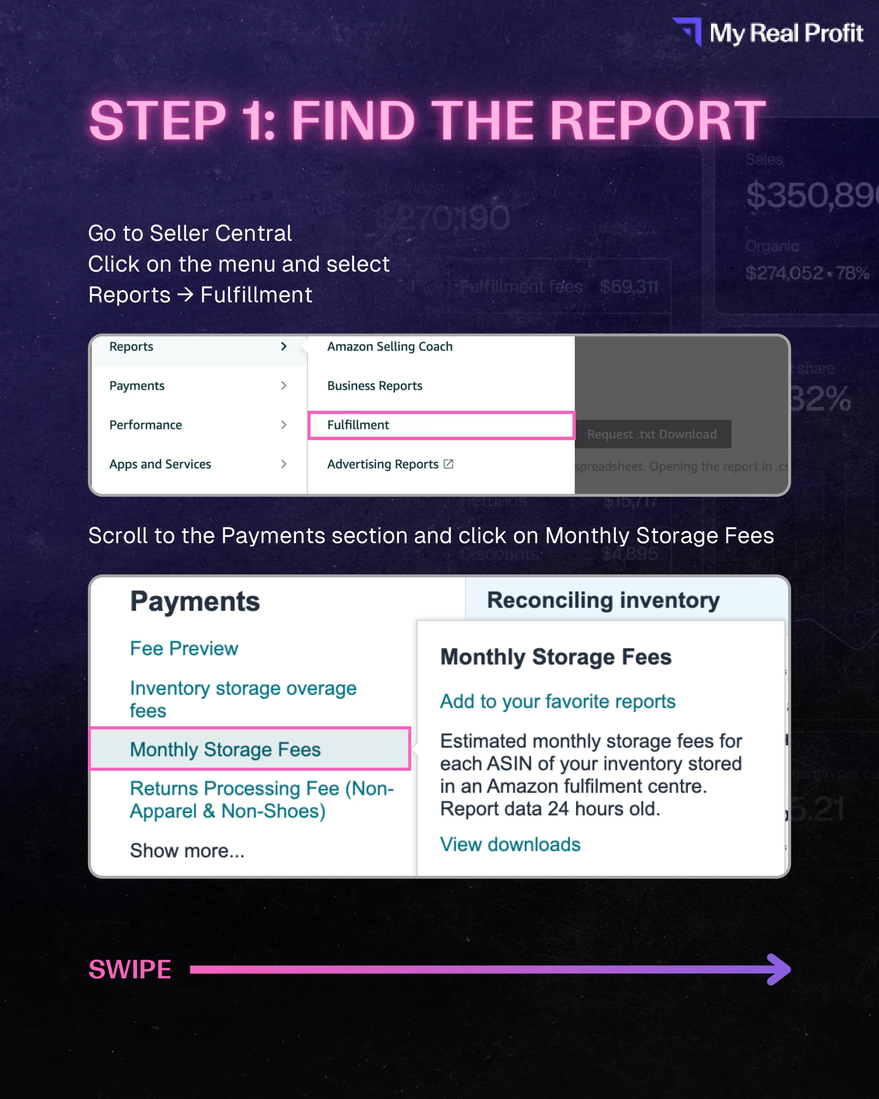 Seller Central navigation to Reports, Fulfillment, and Monthly Storage Fees under Payments