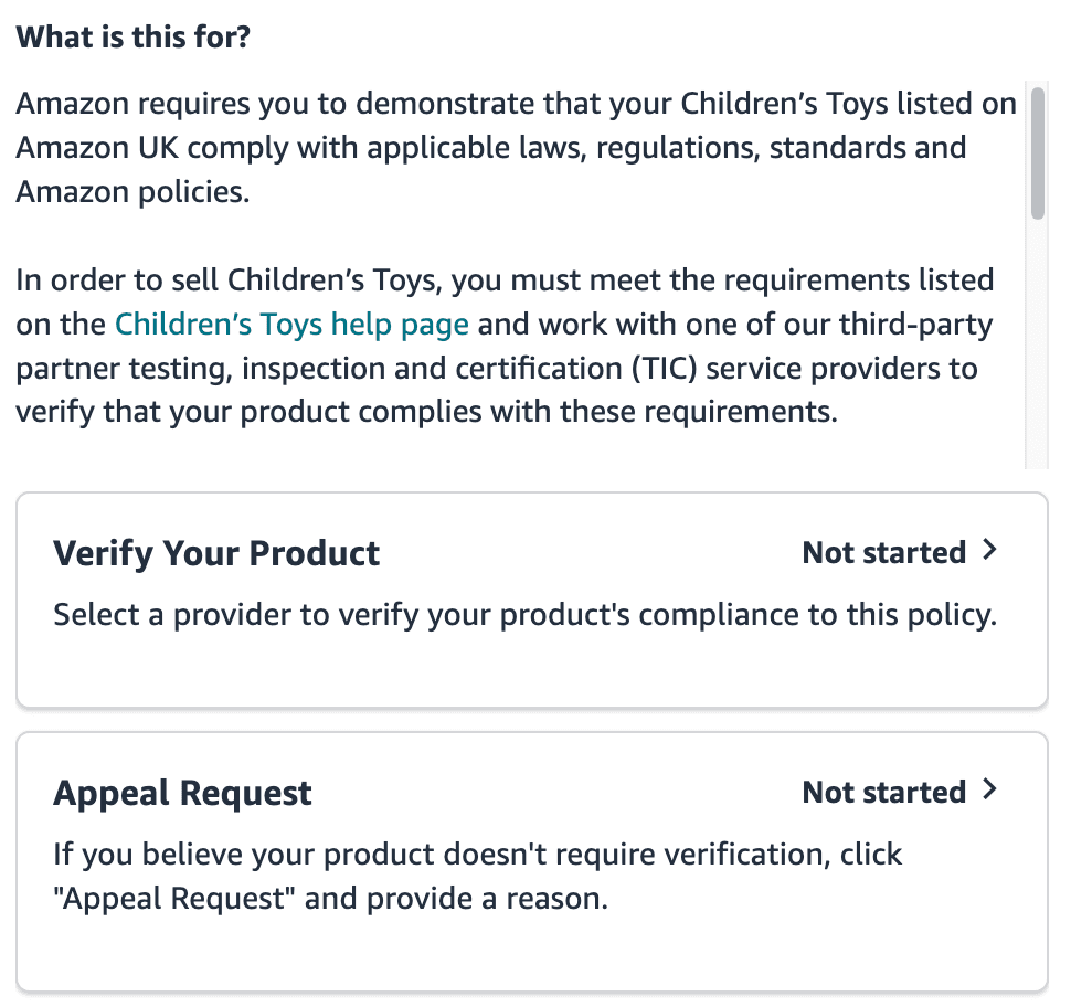 Amazon Seller Central showing two compliance options: Verify Your Product (select a TIC provider) and Appeal Request (if product doesn't require verification)